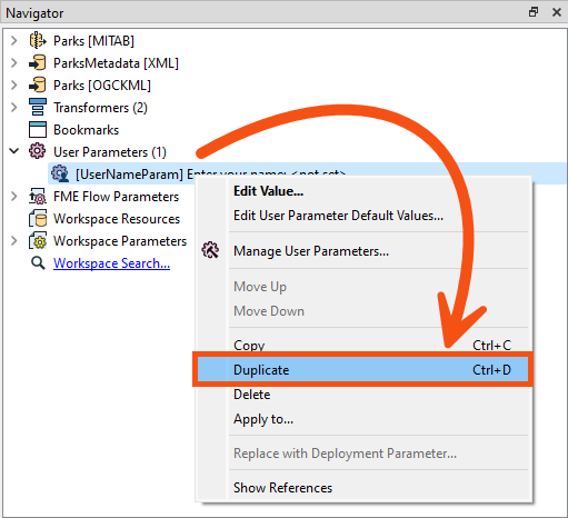 Duplicating an existing user parameter